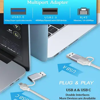 Докинг станция Надежден адаптер USB 3.0-Компактен Ethernet адаптер-сплитер 4-портов хъб USB 3.0 с локалната мрежа