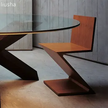 Домашен кът стол от стария масив дърво, Z-образна стол, модерен минималистичен дизайн креативен стол с облегалка специална форма