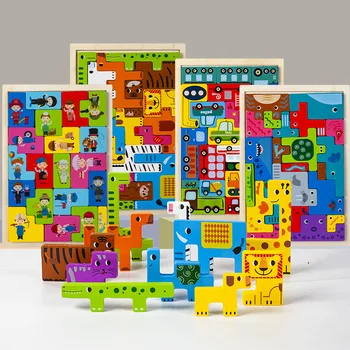 Дървени Блокове Пъзел Монтесори Играчки за Деца от 1 до 3 години на Детски Образователни Образователни Играчки във Формата На Животни Пъзел игра Танграм СТВОЛОВИ Блокове Играта