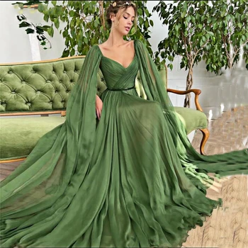 Елегантни зелени арабски дамски официални рокли с дълги ръкави-накидками и V-образно деколте по поръчка