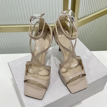 Елегантни, луксозни и висококачествени дамски сандали 2023 г., лятна дамски обувки с квадратни пръсти, Нови модни дамски сандали с каишка и катарама