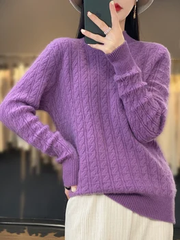 Есенно-Зимния Женски пуловер от 100% мериносова вълна, Пуловери с имитация на шията, Дебели Топли Пуловери с дълги ръкави, Модерен Основен вълнен трикотаж