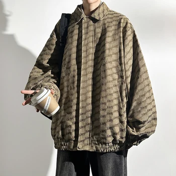 Жаккардовое модно палто в европейски стил, Мъже Свободна яке, Уличен Тренч с цип с ревера, мъжки маркови есенни якета, блузи цвят Каки