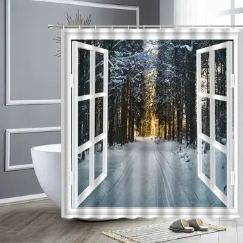 Завеса за душ с зимен пейзаж Зад прозореца, на Сцената на кедър, сняг, Декор завеси за баня, водоустойчив плат, параван за баня