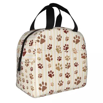 Кафява чанта за обяд с шарките на кучешки лапи, изолирано за жени, Портативен хладилник със следи от животни, Термална кутия за Bento, Работни чанти за пикник