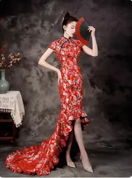 Китайски Смокинг с Риба Опашка, Червен Смокинг, За да се Изяви На модния Подиум, Бродирана Пола-Чонсам