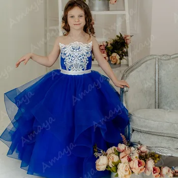 Кралски Сини рокли с волани и цветя модел За момичета, Разкошни Дантелени апликации, Празнични Рокли за Причастие, Рокли за Рожден Ден