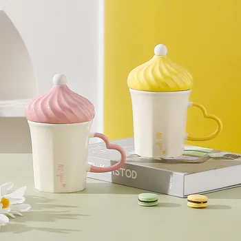 Креативна чаша във формата на сладолед с дръжка за любов, симпатична Керамична Чаша, Чаша за мляко, една Чаена чаша с капак