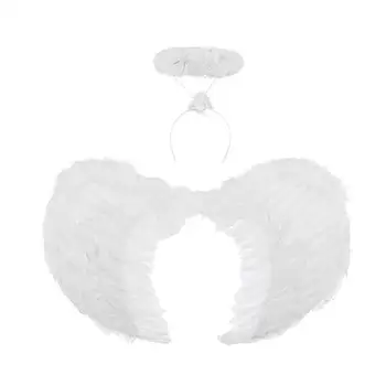 Крилата на Ангел от пера, Бял комплект аксесоари за Ангел С крила на Ангел, превръзка на главата и пръстен Ангел за Хелоуин