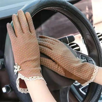 Летните Слънчеви модни Дишащи тънки ръкавици в сладък грах за шофьорски ръкавици със сензорен екран, Дантелени Лоскутные ръкавици за шофиране