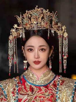 Луксозна Китайската Традиционна Короната на Феникса, шапки за Младоженци Xiuhe, Сватбени Аксесоари за коса