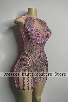 Лъскави Розови Мини Коктейлни Рокли с мъниста 2023, Сексуална Кристали, къса рокля за абитуриентски бал в африканския стил за черни Момичета за рожден Ден, рокли за партита