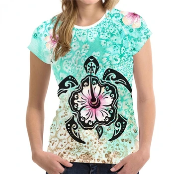 Лятна Нова Женска тениска с принтом Разплод Костенурки, полинезийски Хавайски Принт, Модерен топ с кръгло деколте и къс ръкав, Всекидневни женски
