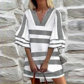Лятото Винтажное Вечер мини рокля Трапецовидна форма, с Изгорени ръкави и принтом в стил мозайка, V-образно деколте, Гофрирани Плажни Поли впечатлява със своя Бохемски Стил, 2021, Дамски дрехи