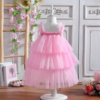 Лятото Розова рокля за малки момичета на бретелях, ламинирано пищни рокля за рождени дни, празнични костюми за малките момичета