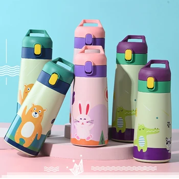 Металната чаша, фланец cartoony вакуум термос за деца, детска термокружка за минерална вода, слама бутилка от неръждаема стомана, колба с