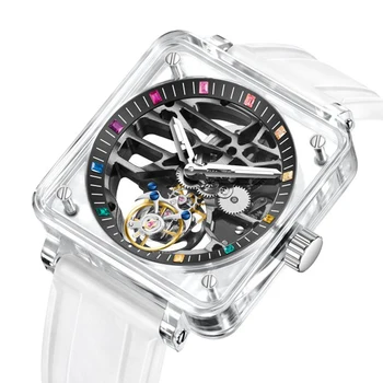 Механични ръчни часовници AESOP Tourbillon, 40 мм, Сапфировые Прозрачни Квадратни мъжки часовник, с Двойна лента за коса, Модерни Всекидневни Темперамент