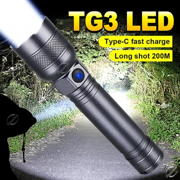 Много ярък led фенерче с висока мощност в tg3 с USB зареждане с Type-c, Преносима Акумулаторна лампа, прожектор, Водоустойчив фенер