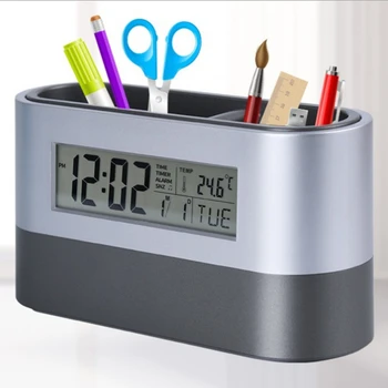 Многофункционален Домашен Офис digital alarm clock повторете, държач за химикалки, Календар, температура на дисплея, черен, син, добро качество, безплатна доставка