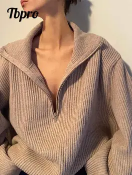Модерен Женски Пуловер с ревера на мълния, пуловер, Обикновена Свободни трикотажни блузи в рубчик с дълъг ръкав 2023, Есенни дамски пуловери за пътуване до работа