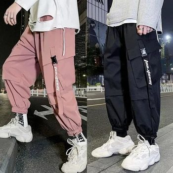 Модерен Панталон-карго, Свободни Мъжки Ежедневни панталони Hombre, Розови спортни панталони в стил хип-хоп, Японска Градинска дрехи, Черни панталони
