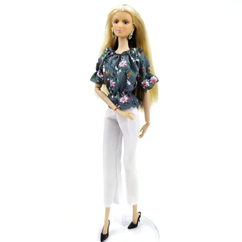 Модерна блуза с цветен модел, топ, Бели панталони, Модерен комплект дрехи за Барби кукли, дрешки за кукли 1/6, Аксесоари за кукли, играчки за деца