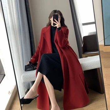 Модно червено вълнена палто Дамско Палто със средна дължина, есен и зима 2023, Ново висококачествено Палто в стил Хепбърн, Универсално вълна палто
