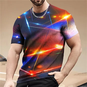 Мъжка Тениска с принтом под формата на лазерни цветни блокове 2023, ежедневни ризи с къси ръкави, трендови дишаща тениска с графичен дизайн, върхове