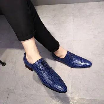Мъжки Бизнес Кожени обувки Със Синьо Остър дантела, Бизнес и Ежедневни Кожени обувки За Мъже, Мъжки модел обувки, обувки за Сватба A146