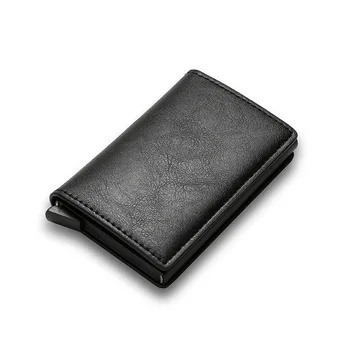 Мъжки кожен портфейл с RFID заключване, със слот за пари и прозорец за самоличност, мултифункционален метален модерен портфейл-визитница, подарък за мъже