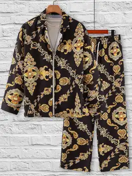 Мъжки пижамный комплект с принтом в бароков стил за пролет-есен-Модни дрехи за спане, дрехи за почивка-Няколко ризи с дълъг ръкав и панталон