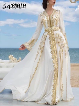 Мюсюлманската шифоновое сватбена рокля Трапецовидна форма, с дълъг ръкав, колан, златни дантелени апликации, Мароканско рокля за бала, Арабско вечер вечерна рокля