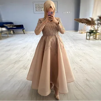 Мюсюлманските рокли за бала с мъниста цвят шампанско, вечерна рокля от Органза с висока воротом и дълъг ръкав, пола с волани, халат за баня с дължина до щиколоток, Саудитска Арабия