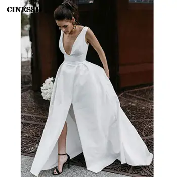 Нов прием на сватбена рокля с V-образно деколте, просто атласное с цепка, сватбени рокли по поръчка