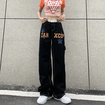 Нова дамски дънкови облекла Y2k в стил хип-хоп, ретро, с английски принтом пламък, панталони-карго, преки свободни широки панталони, Унисекс
