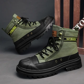Нови Дизайнерски зелени парусиновые ботильоны, мъжка кожена защитно работно обувки за мъже, обувки за инструменти на платформата, мъжки мотоциклетът обувки с висок берцем