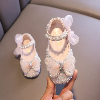Нови кожени обувки с пайети и лък за момичета, Пролетните детски обувки на Принцесата С пайети и Перли, обувки на равна подметка За деца, студентски детски танци