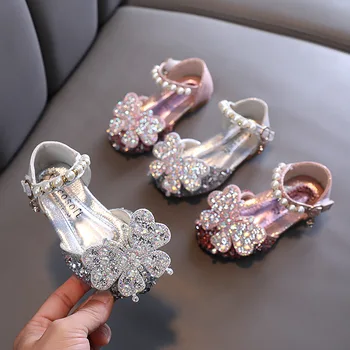Нови Сандали за момичета с пайети и лък, Детски Обувки на Принцесата С кристали, пеперуди и Перли, Детски сватбени сандали за изпълнения