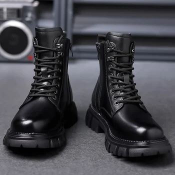 Ново записване, мъжки мотоциклетни ботуши дантела, Висококачествени мъжки ежедневни обувки с висок берцем, мъжки военни тактически обувки от естествена кожа