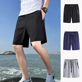 Обикновена Свободни Плажни къси панталони с джобове с цип, пере панталони с висока еластичност за мъже, ежедневни облекла