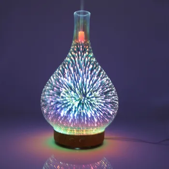 Овлажнител на въздух в стъклена ваза с 3D Фойерверки и 7-цветен led ночником, дифузор етерично масло, устройство за създаване на студена мъгла за домашния офис