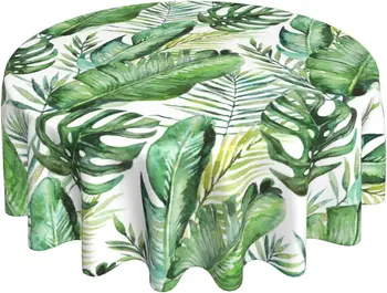 Покривката от тропически палмови листа, кръглата 60-инчов, Акварел Годишна Покривка от палмови листа, Водоустойчив зелена покривка от бананови листа