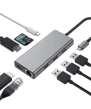 Портативна докинг станция USB C с двоен HDMI, USB адаптер C HDMI, 3 USB 3.0, Ethernet, PD за Dell XPS, Lenovo Yoga и т.н