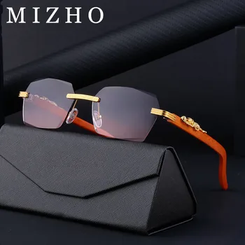 Правоъгълни слънчеви очила MIZHO без рамки, мъжки слънчеви очила в дървена рамка, луксозен Брендовый дизайн, Леопардовые квадратни слънчеви очила за мъже, които пътуват