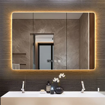 Правоъгълно стенно Умно огледало в банята с led подсветка, показвате време /температура, Фарове и огледала с докосване на ключа