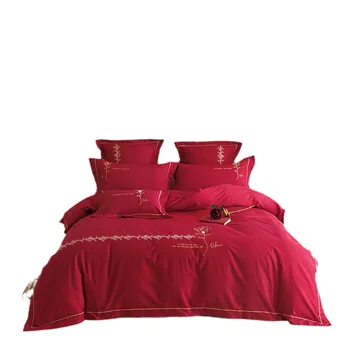 Прост обикновен червен 100 брой нишки Дълъг штапельный памук с бродерия рози Комплект от четири позиции на всички памучни постелки