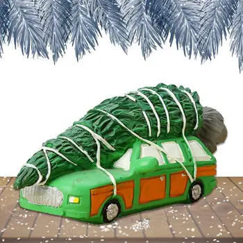 Ретро пикап, зелен автомобил на Коледа, Зелен автомобил от смола с коледна елха, Творчески зелен фермерска кола, украса на дома