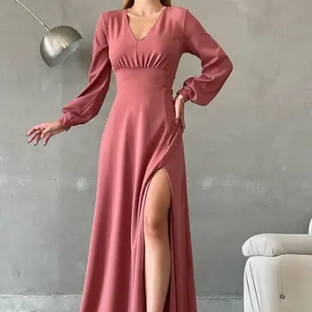 Розови вечерни рокли с V-образно деколте и дълги ръкави с дължина до пода Рокля за абитуриентски бал с цепка отстрани, Саудитска Арабия, Секси вечерна рокля по поръчка