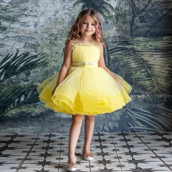 Рокли Принцеса с цветя модел за момичета, Жълто Тюлевое пищни рокля за Парти в чест на рождения Ден на с лък, Детско Бална рокля за рождения Ден, дрехи за Първо Причастие
