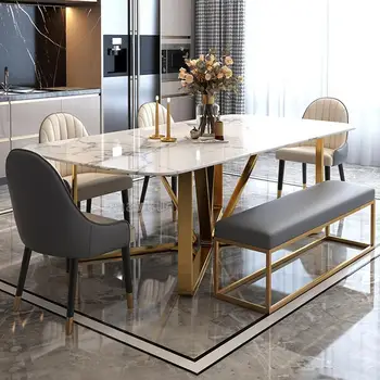 Светъл луксозна мраморна маса за хранене Минималистичная мебели Златен дизайн на основата от неръждаема стомана Клас правоъгълна маса и шест стола